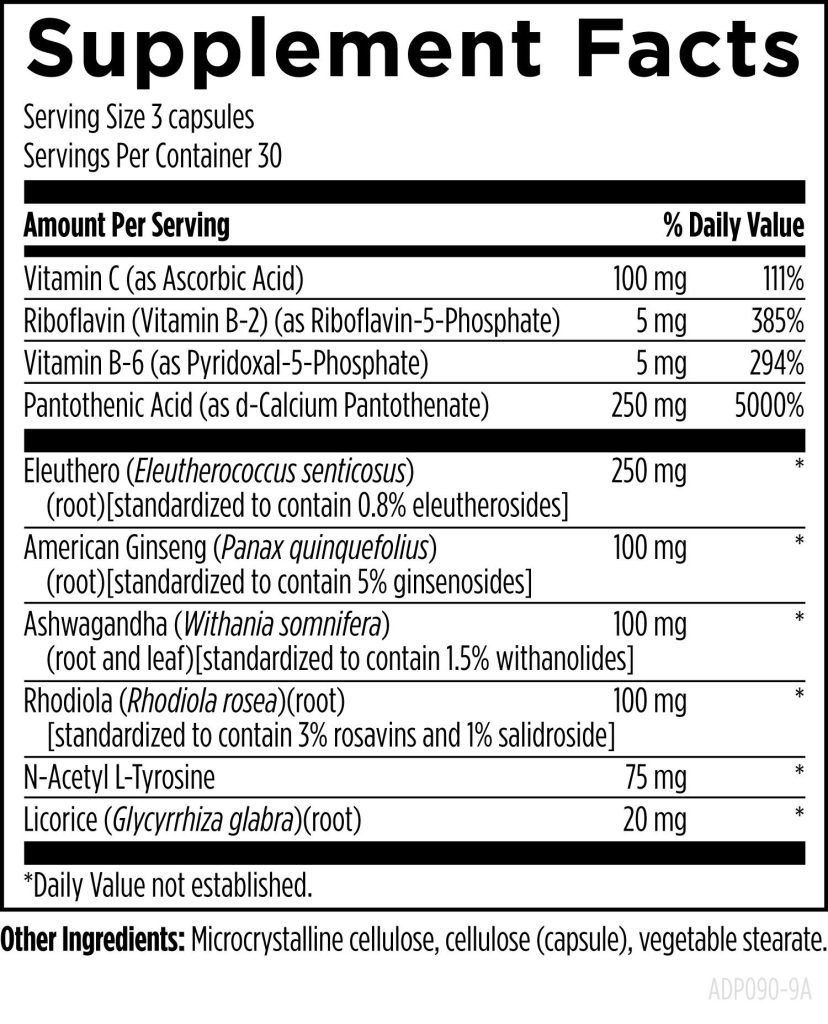 Supplement Facts för Adrenotone™ - ingredienstabell med doser per kapsel