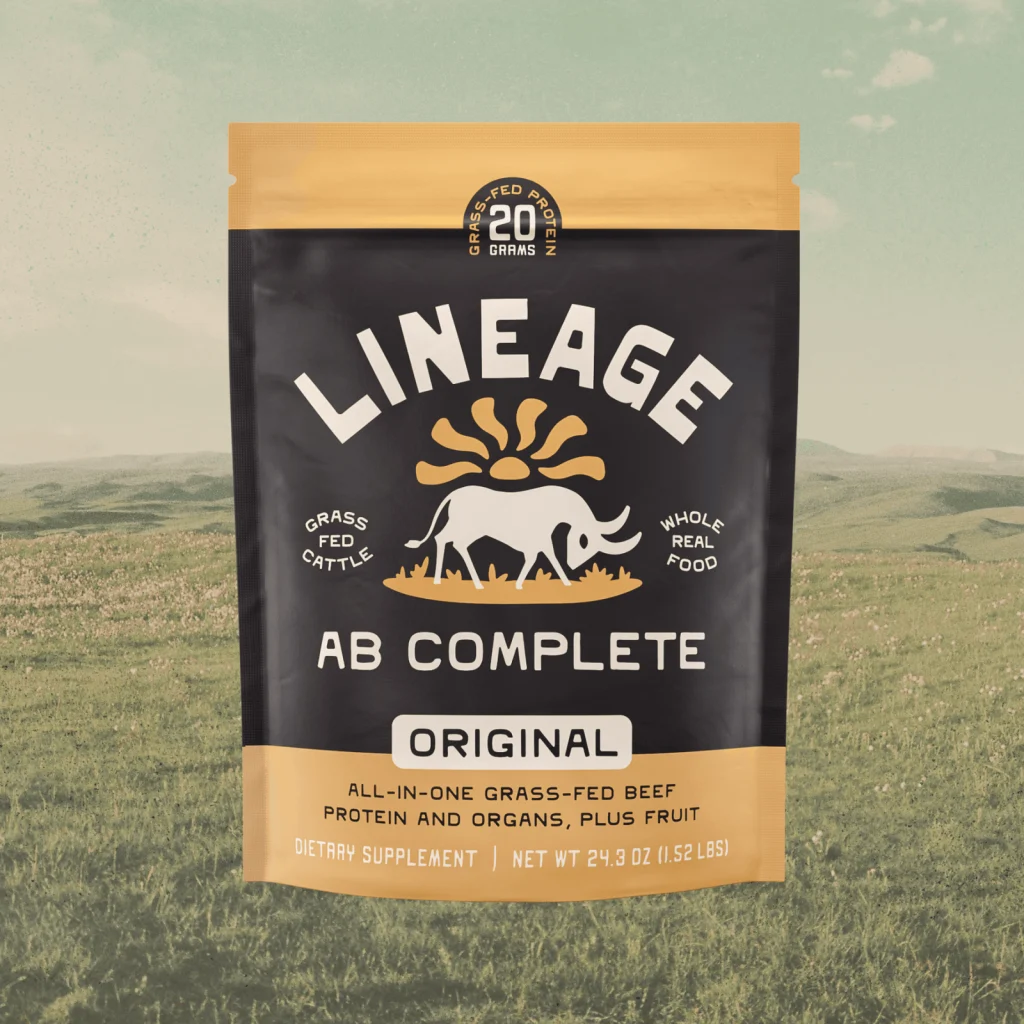 Påse med Lineage Animal-Based Complete Protein Original, 20 gram gräsbetat nötprotein per scoop