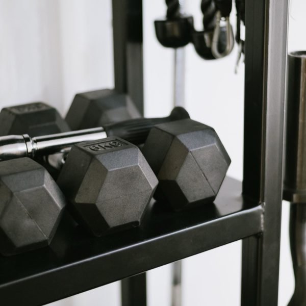 A row of dumbbells resting on a rack in a gym