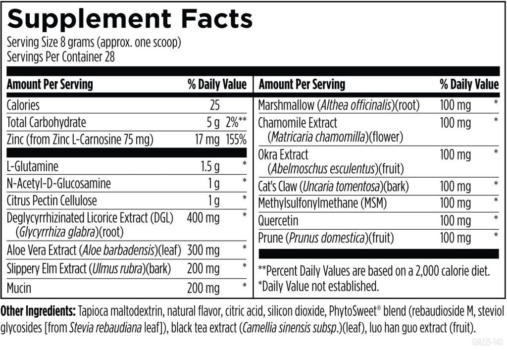Supplement Facts för GI Revive® Powder - 16 ingredienser inklusive DGL, L-glutamin och zink-carnosin