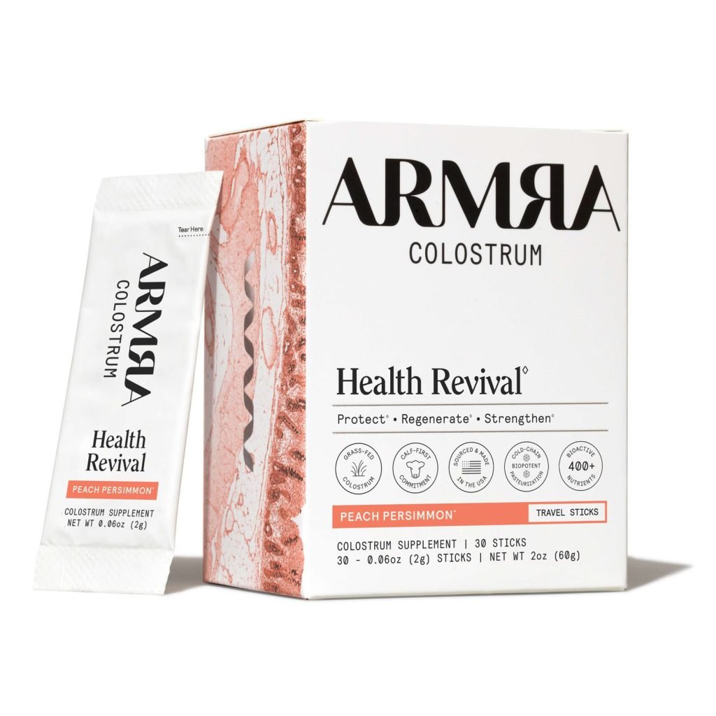 ARMRA Colostrum Peach Persimmon Travel Sticks, förpackning
