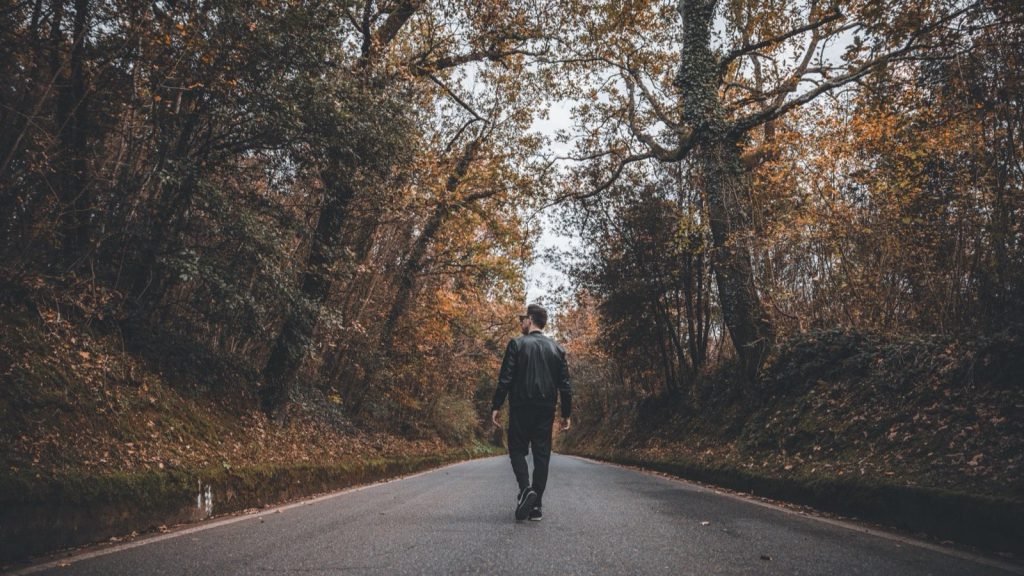 A person walking down a road through autumn woodland, seen from behind