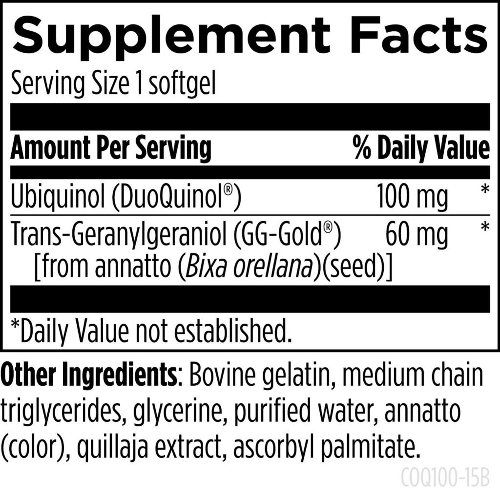 Supplement Facts för CoQnol™ 100 - ubiquinol och geranylgeraniol-doser